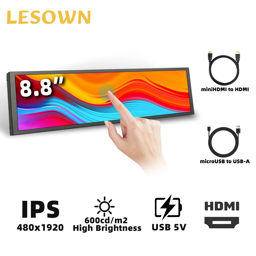 LESOWN Long Strip Portable Monitor 8.8 inch 480x1920 IPS Touch Screen HDMI Laptop Display for PC Computer Raspberry pi 4 3 B