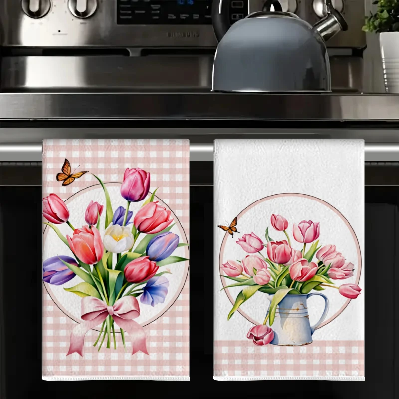 2Pcs, Pink Checkered Tulip Kitchen Towels, 40Cm*60Cm Towel Set, Best Kitchen Towels, Super Absorbent Soft Cleaning Cloth, Cooking and Baking Tea Towels, Hand Towels, Cleaning Cloths, Dishcloths, Kitchen Decor, Living Room Decorations, Kitchen Essentials, Home Essentials