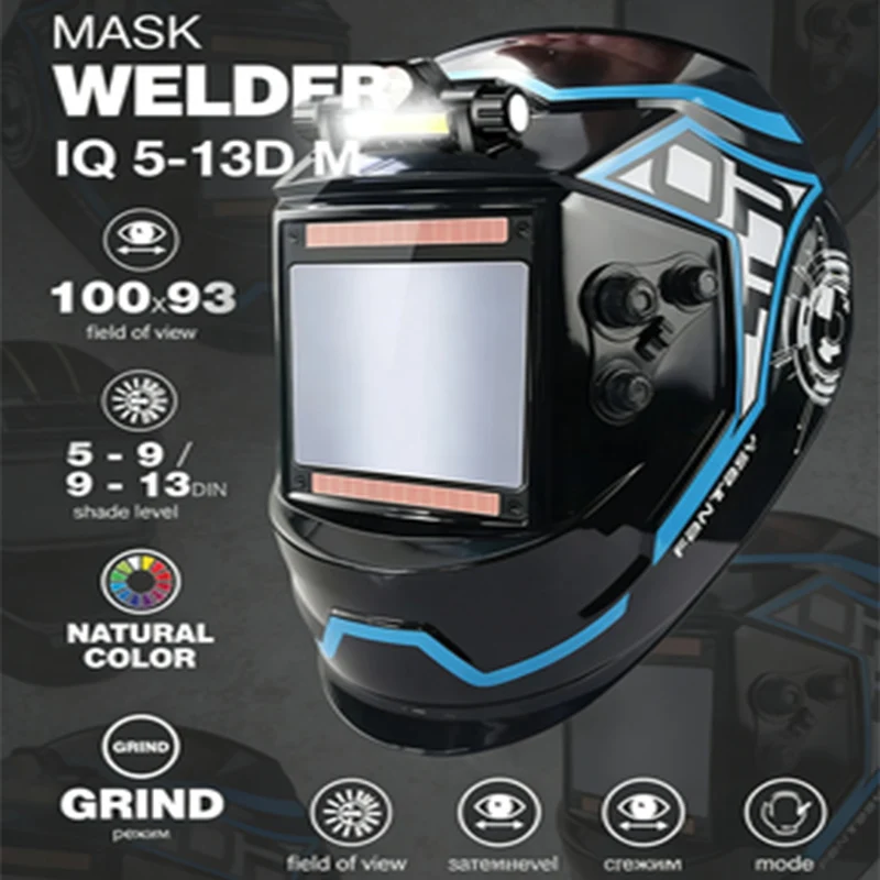 TIG MIG MMA Welding Mask, Real Color, Four Arc Sensors, Solar Panels, 13 Inches (LED Bulb)