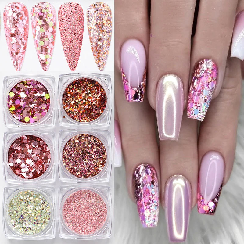 6 Boxes 3D Hexagon Nail Glitter Sequins Dreamy Pink Summer Mermaid Nail Art Sequins Mirror Effect Chrome Powder Flakes Manicure