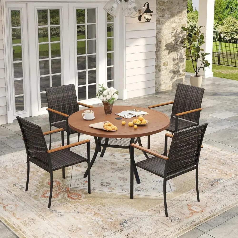 Round Outdoor Table and Chairs, 5 Pieces Patio Dining Set o Metal Patio Table with Umbrella Hole and 4 Wicker Patio Stackable