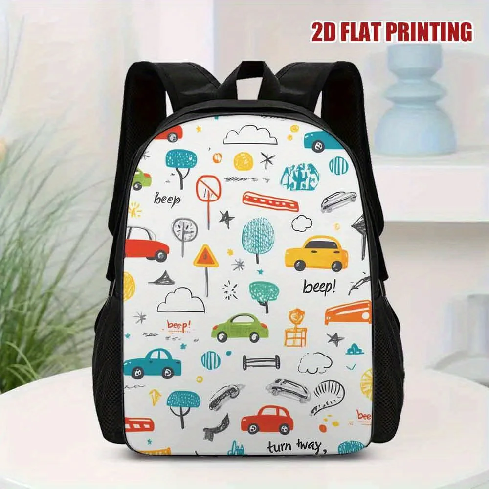 

A colorful car-themed backpack, stylish and modern, perfect for school, travel and daily use, suitable for teenagers