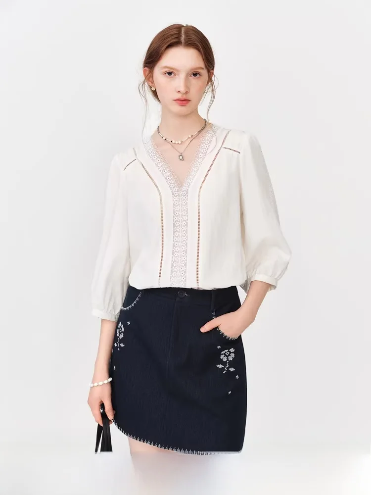 

Новая женская летняя блузка Van Bluen с кружевной отделкой, рукавами-фонариками и V-образным вырезом, в деловом стиле, с длинными рукавами