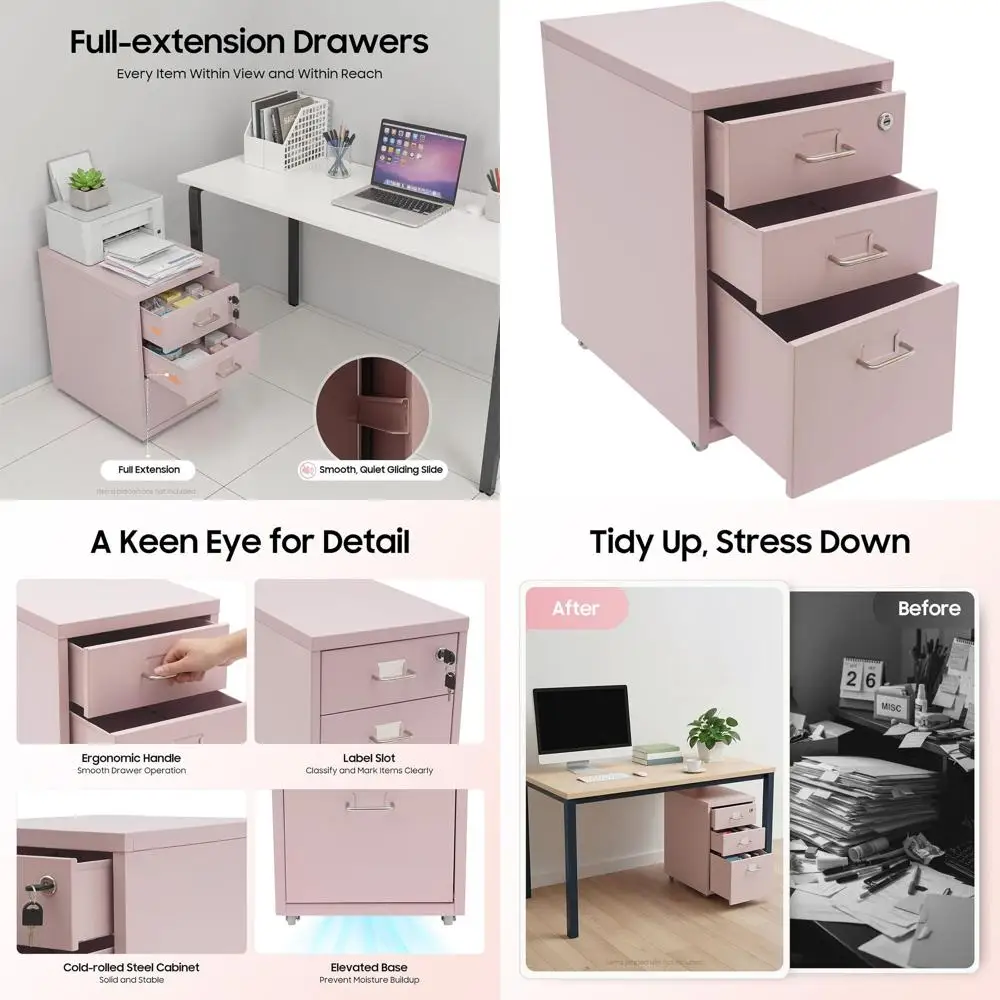 

3-Drawer Metal Pink File Cabinet with Lock, Mobile Rolling Storage for Letter/A4 Files, Suitable for Home, Office, and School