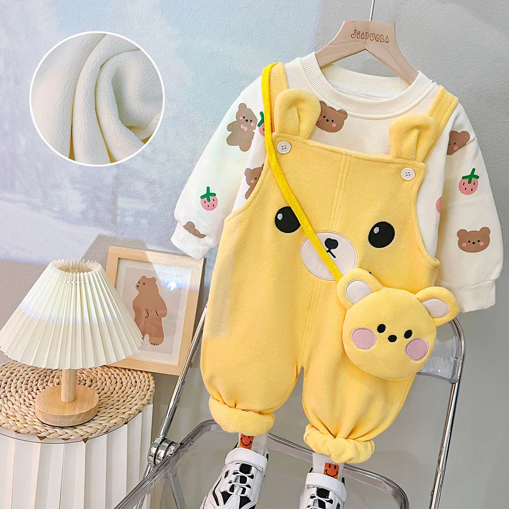 Children's Velvet Shoulder Bag Overalls Set, Children's Long Sleeved Thick Hoodie Two-piece Set