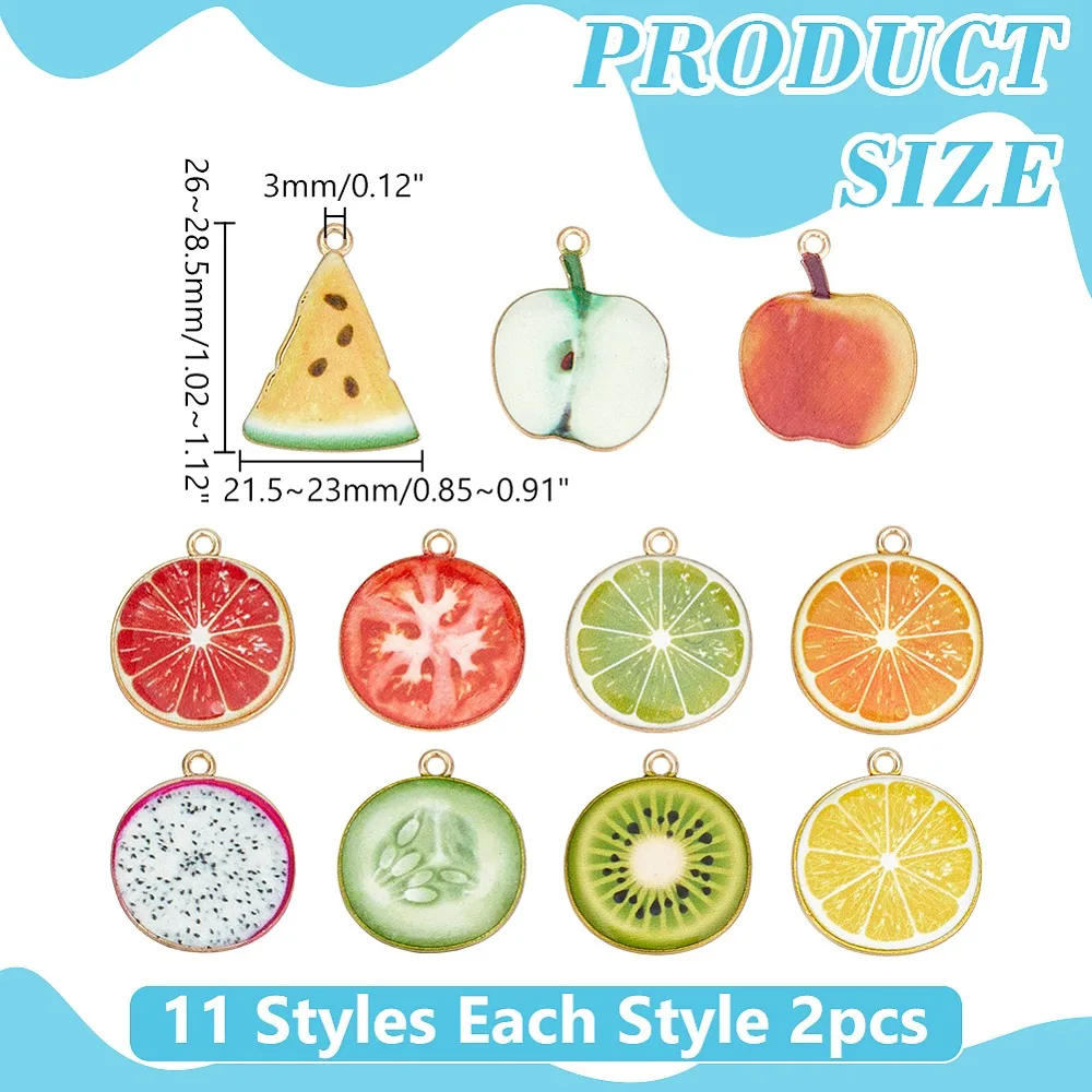 

22Pcs 11 Styles Zince Alloy Enamel Pendants Fruit Slices Charm Golden Mixed Shapes 26~28.5x21.5~23mm 2pcs/style