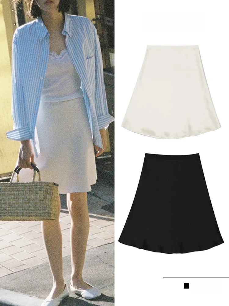 

Легкая женская юбка-миди А-силуэта из атласа с эластичным поясом в корейском стиле для повседневной носки