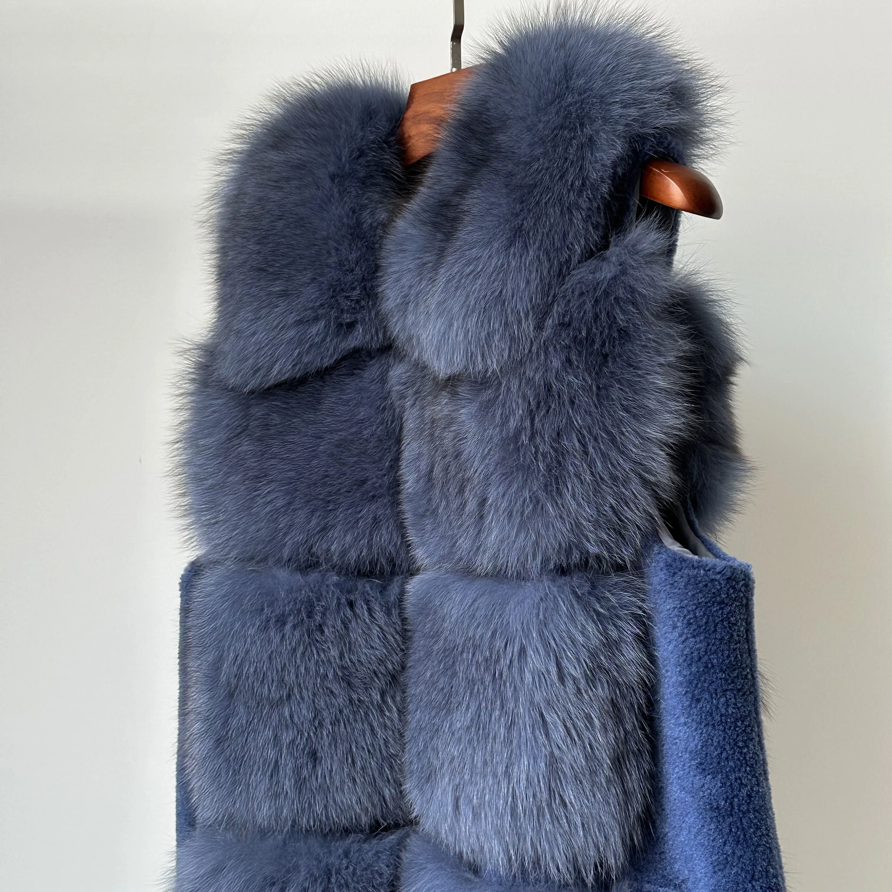 New Design Real Sheep Shearing Jacket Vest With Real Fox Fur Gilet Women Coat With Fur Collar