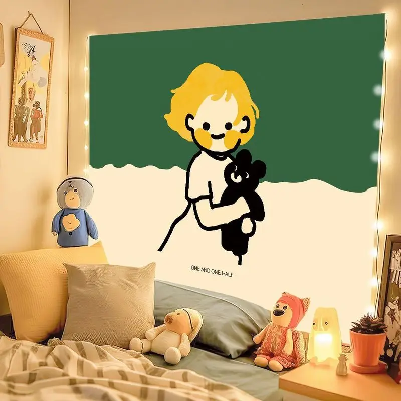 VIKAMA Girl Hugging Bear Tapestry, Cute Minimalist Wall Hanging for Bedroom Dorm Nursery Living Room Decor