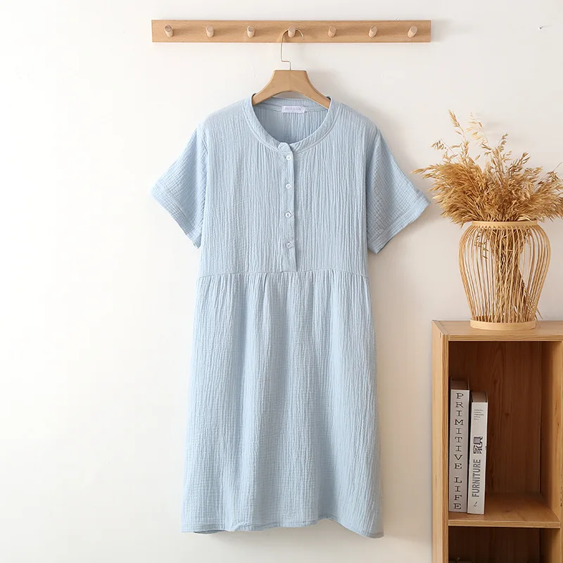 Summer Sleepwear 100% Cotton Crepe Short-sleeved Sleepshirts Plus Size Loose Nightgowns Women Night Gown Sexy Sleeping Dress