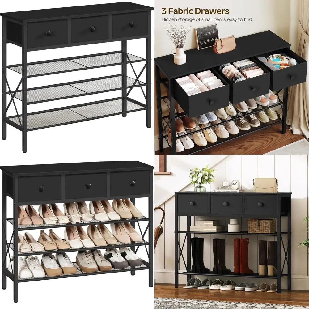 

4-уровневая промышленная полка для обуви с тканевыми ящиками, консольный столик на 16 пар, черный SS34BB