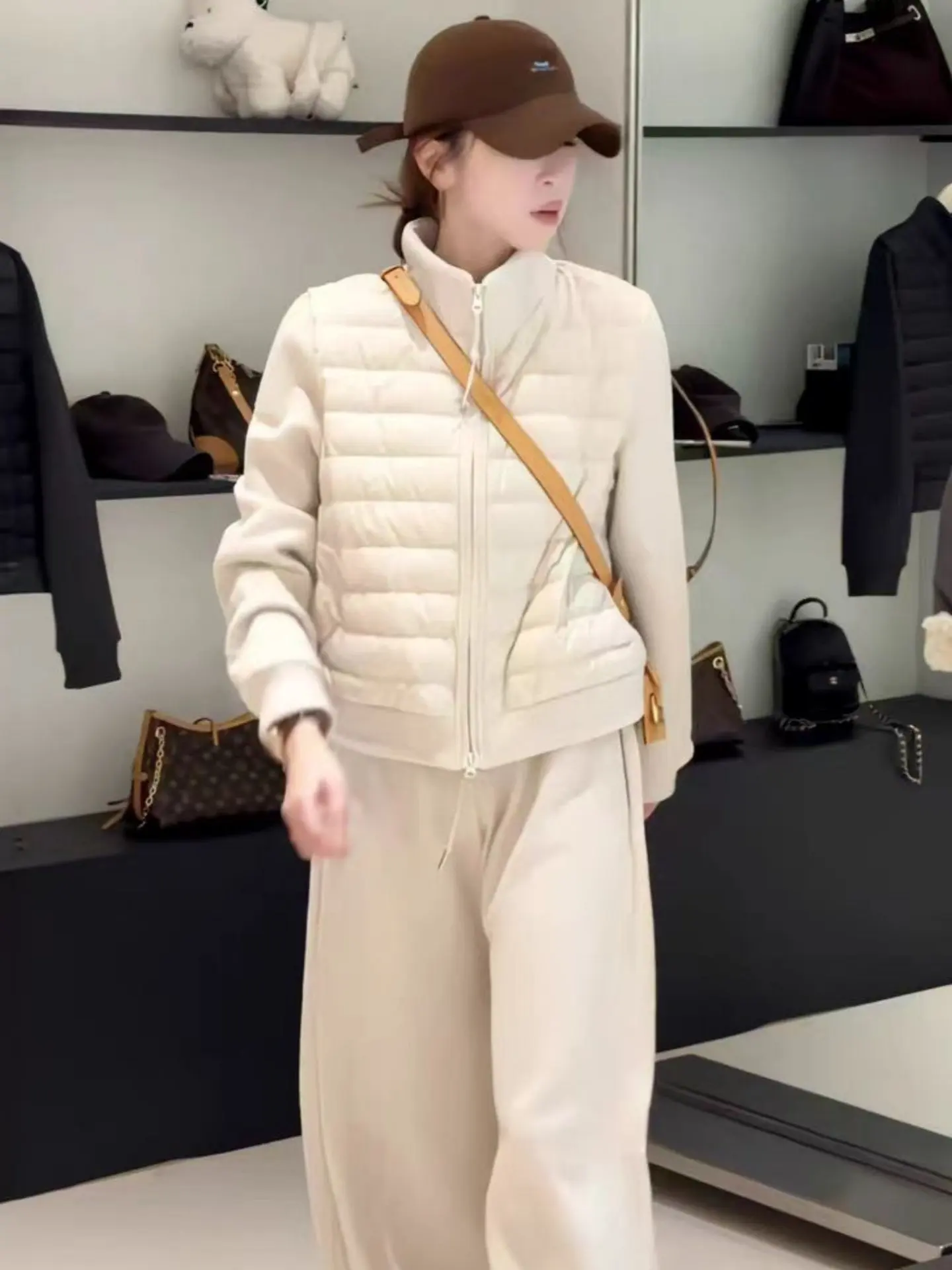 

Korean Fashion Knitted Stand Collar Patchwork Cotton Jacket Women's Winter New Style High-End Casual Warm Cotton Coat