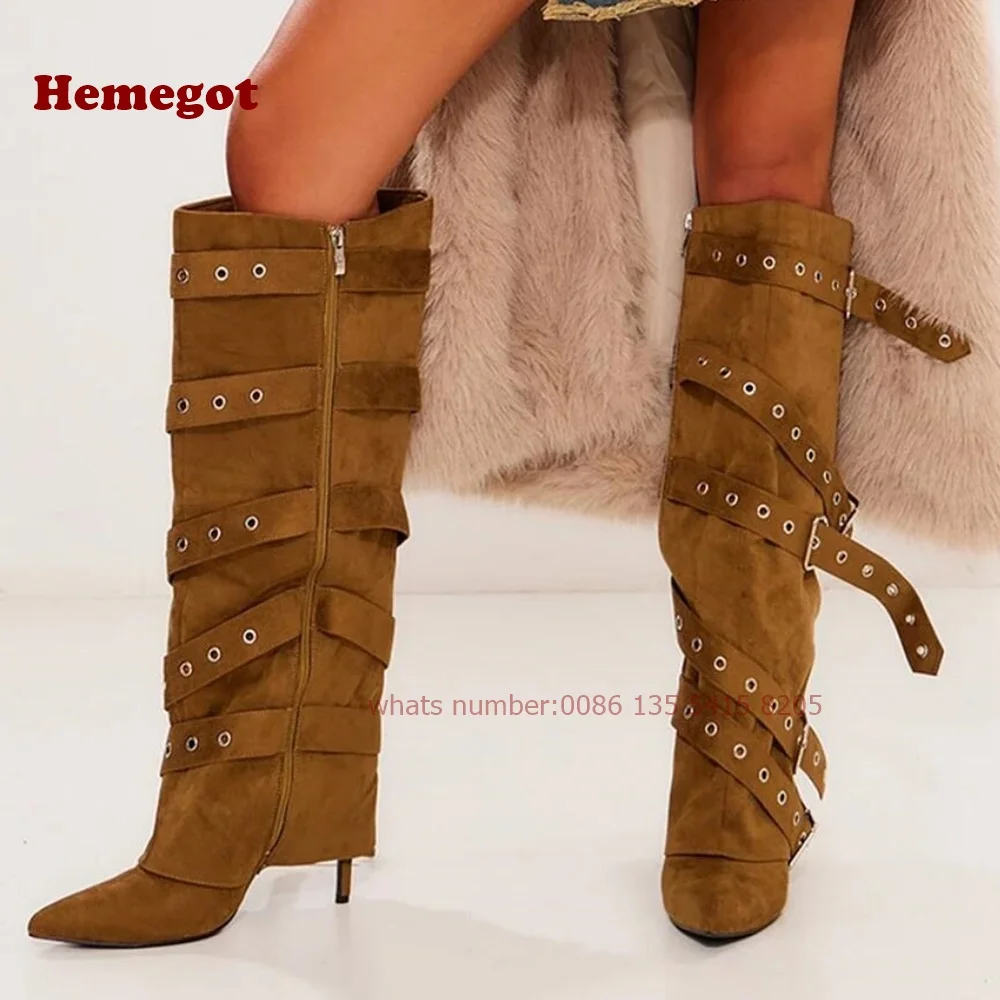 

Vegan Suede Pointed Toe Stilettos Buckle Knee Fold-Over Boots In Tan Multi-Buckle Casual Zipper Solid Women's Boots Winter 2024