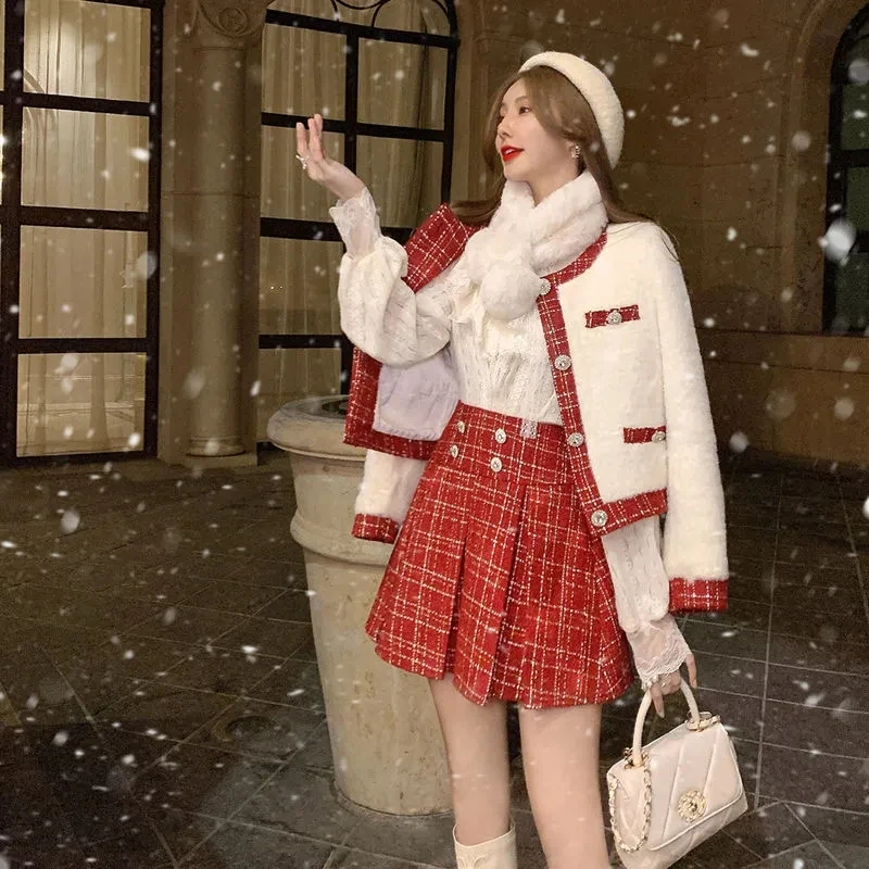 Winter Christmas Women Red Matching Set Sweet Faux Fur Coat + Mini Plaid Pleated Skirt 2PCS Set Lolita Y2k Party Club Outfits