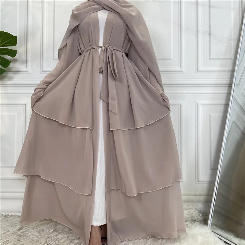 Ramadan Eid Abayas for Women Dubai 2023 Three-layer Soft Chiffon Muslim Fashion Dress Woman Open Abayas With Belt Turkey Islam