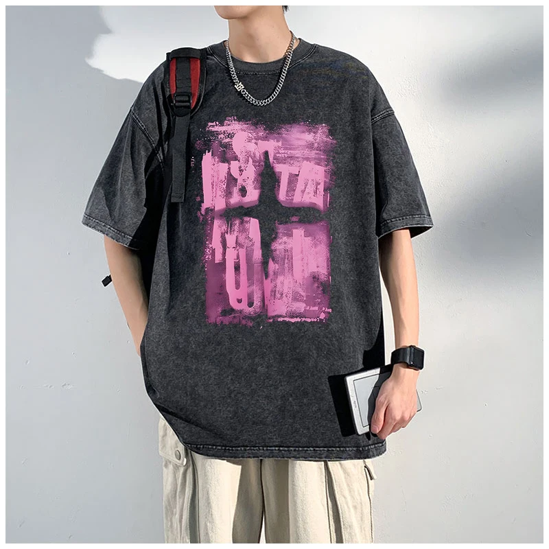 

2024 New T-Shirt Heavyweight Pure Cotton Short-Sleeved Men's Summer Casual Fashion Distressed Round Neck Top Loose T-Shirt