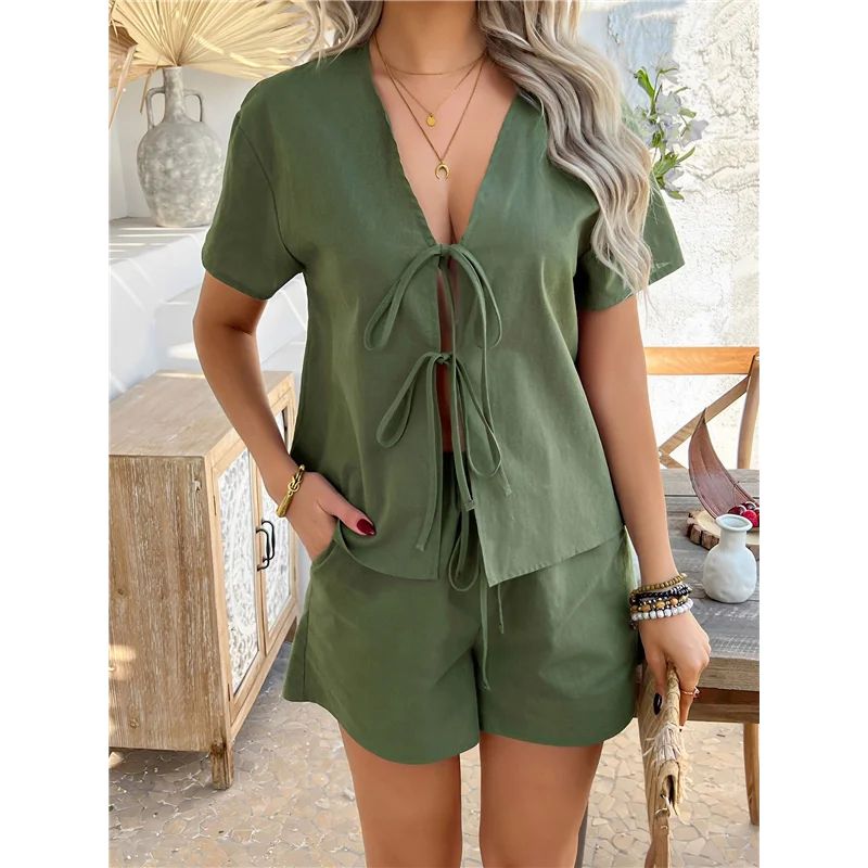 A83F-المرأة الصيف مجموعات قصيرة الجبهة التعادل الخامس الرقبة قميص بلايز مطابقة السراويل غير رسمية 2 قطعة وتتسابق #4