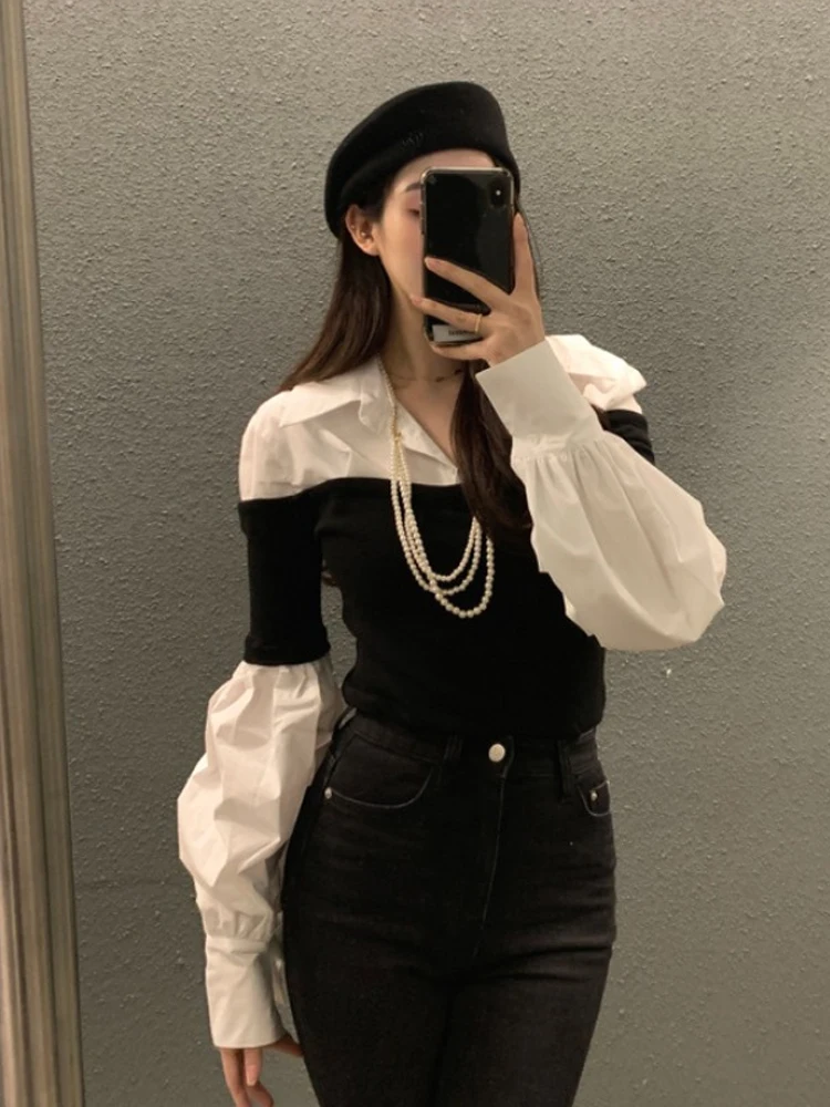 

Faionable Patchwork Long Sve Women's irt Korean Sle Early Spring Waist-Cinching Collar Ele Top