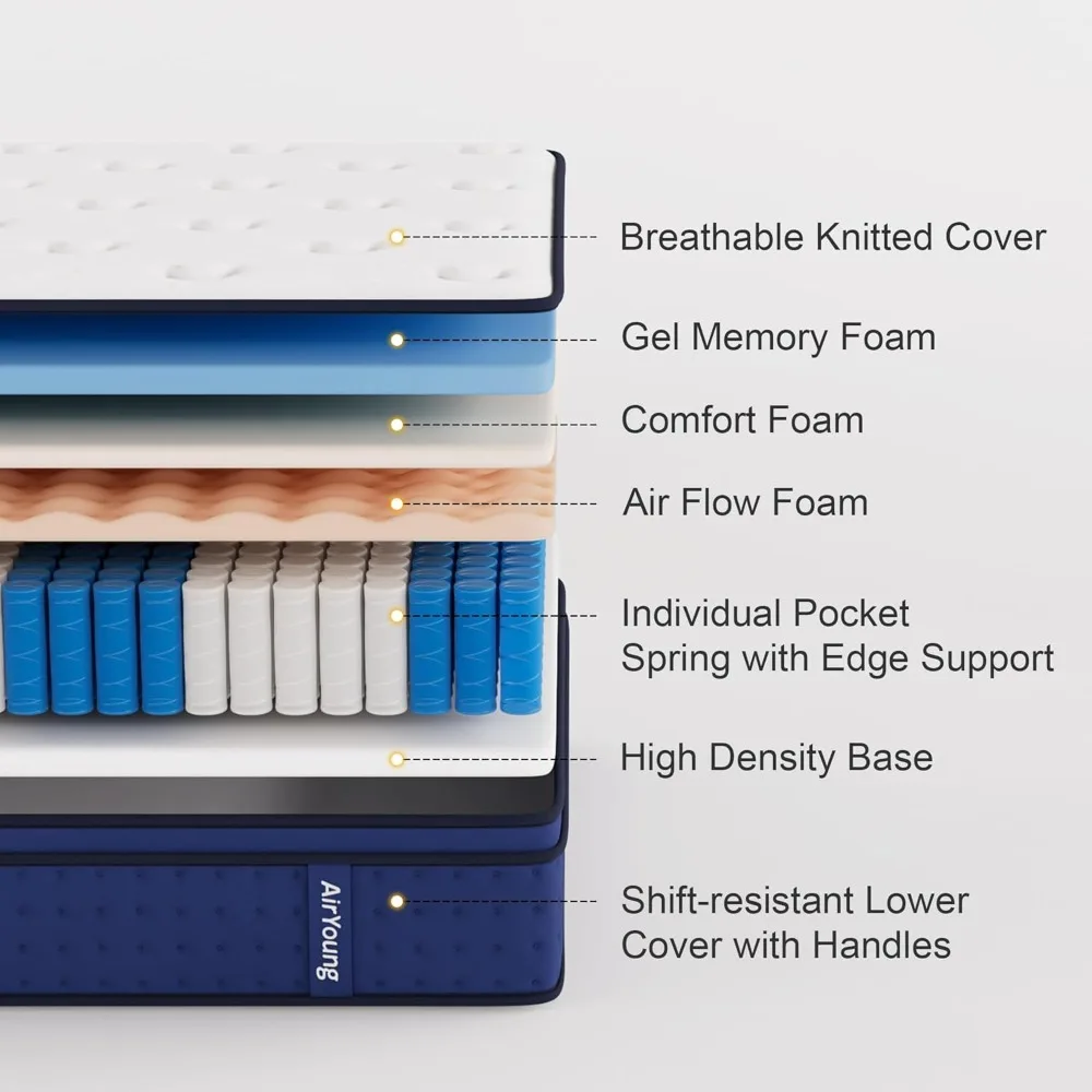 مرتبة هجينة متوسطة الحجم مقاس كوين مقاس 12 بوصة: رغوة الذاكرة الجل وملفات جيب بـ 7 مناطق لتخفيف الضغط #6