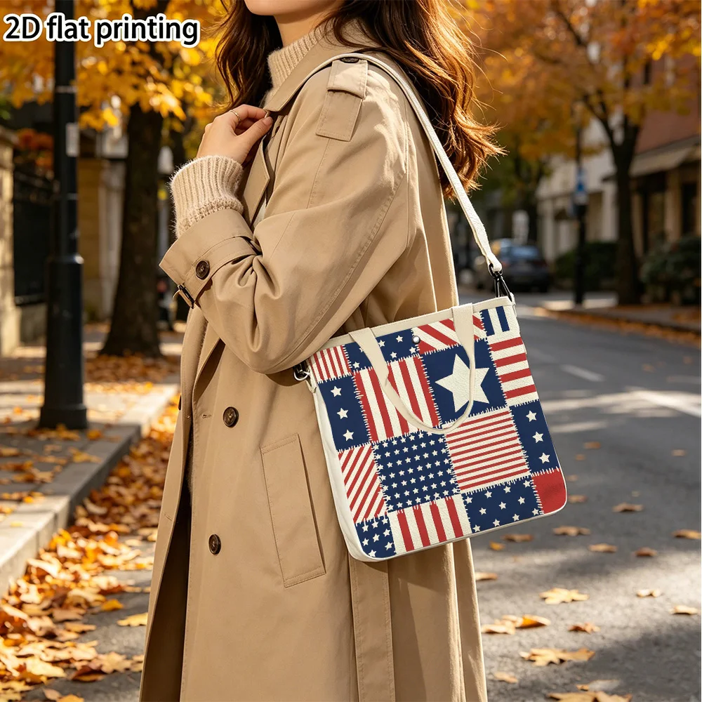 American flag patchwork Double-Sided Printed Canvas Tote Purse for Women Detachable Crossbody Strap for Holiday Travel