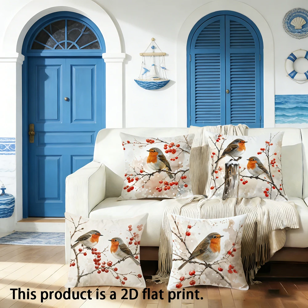 1pc  Watercolor Robin Red Berry Winter Throw Pillow Covers 2D Flat Print Decorative Cushion Cases for Home