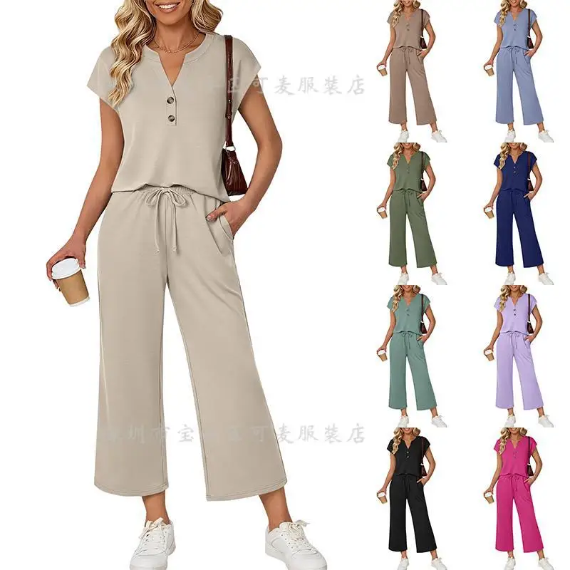 

Pant Set Women Two Piece Sets V Neck Short Sleeve Tops Casual Loose Wide Leg Long Pants Lace Up Elastic Waist Y2k Streetwear