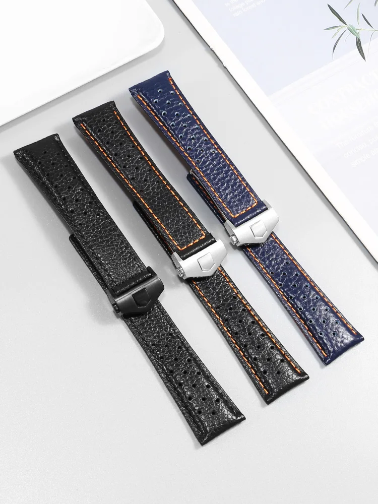 Genuine Leather Watch Strap Suitable for Monaco Racing F1 Men's and Women's Lychee Pattern Watch Strap with Flat Mouth 22mm