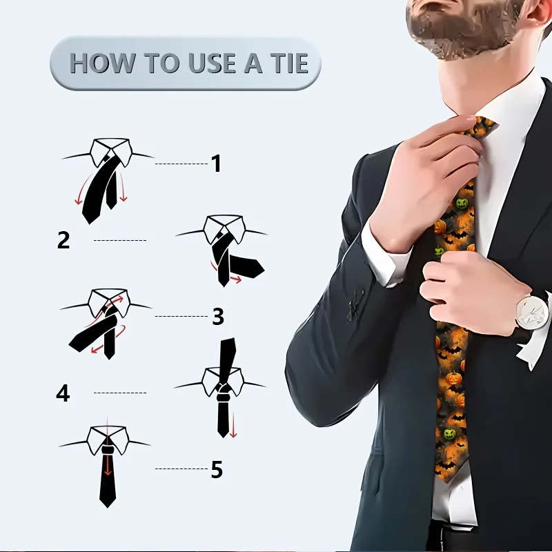Black Halloween Necktie Bats Jack-O'-Lanterns & Pumpkin Print Soft Fabric Machine Washable Wedding Party