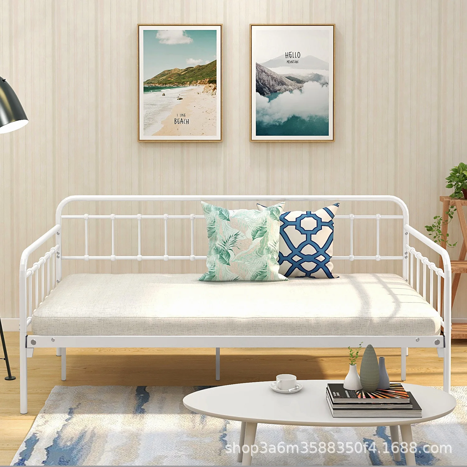 LH Wrought Iron Sofa Bed with Railing, Dual-Use Iron Frame Bed