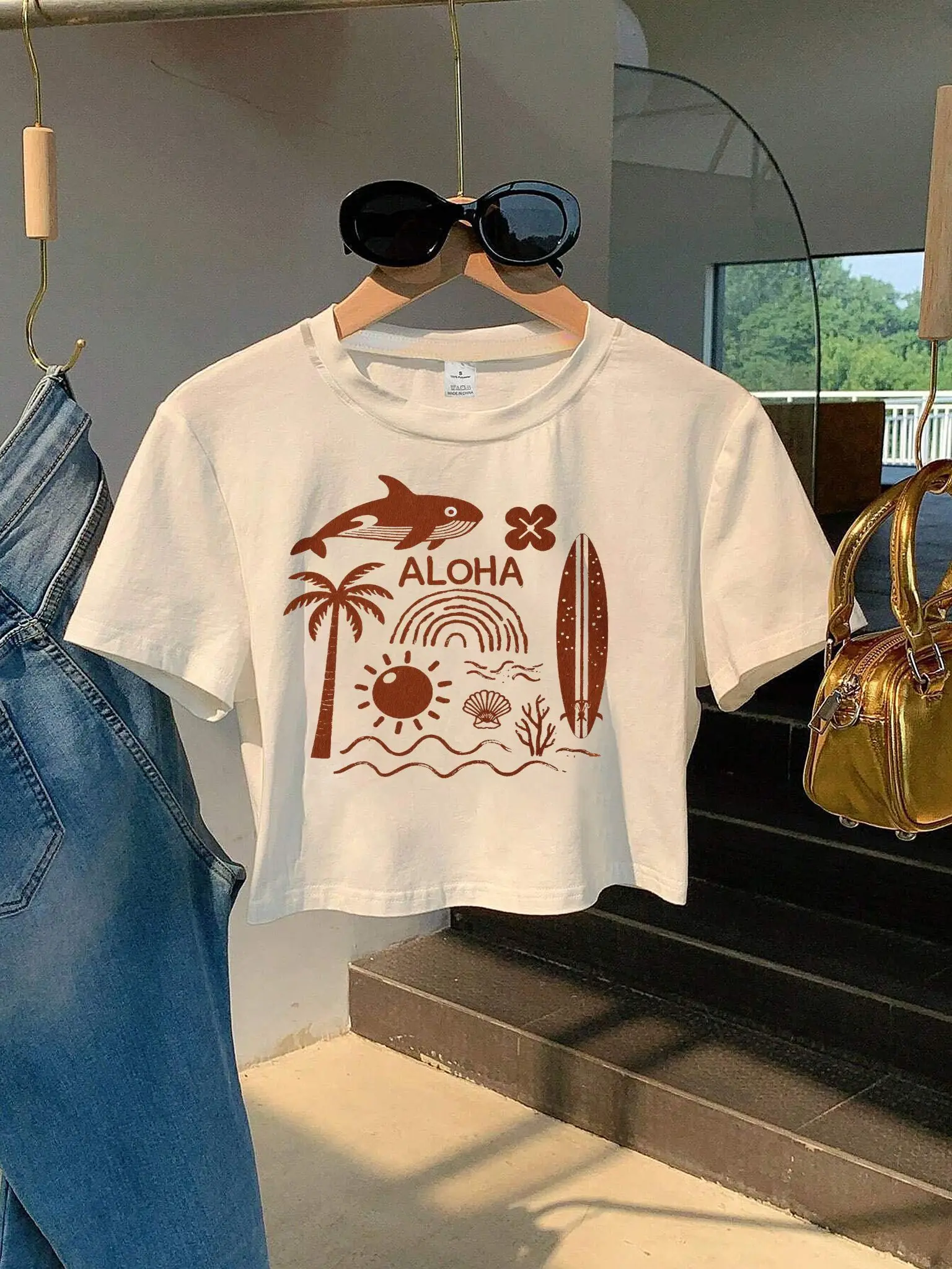 White Cropped with Killer Whale Palm Tree Sun Flower Surfboard Seashell Harajuku Short Sleeve Casual Aesthetic Clothes
