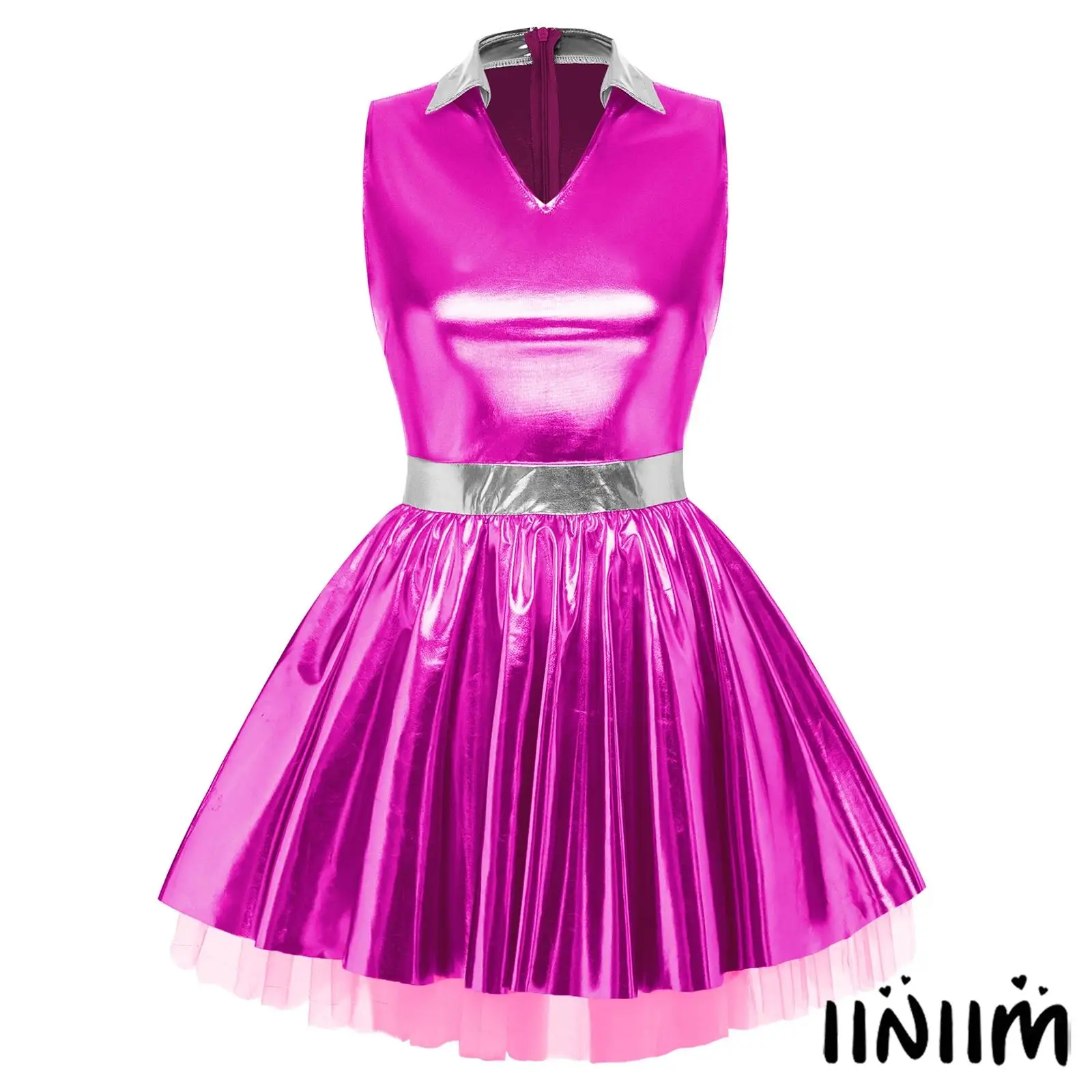 

Women Disco Bar Tutu Dress Lapel V Neck Sleeveless A-line Hem with Tulle Layers Metallic Shiny Mini Dress for Night Club Dance