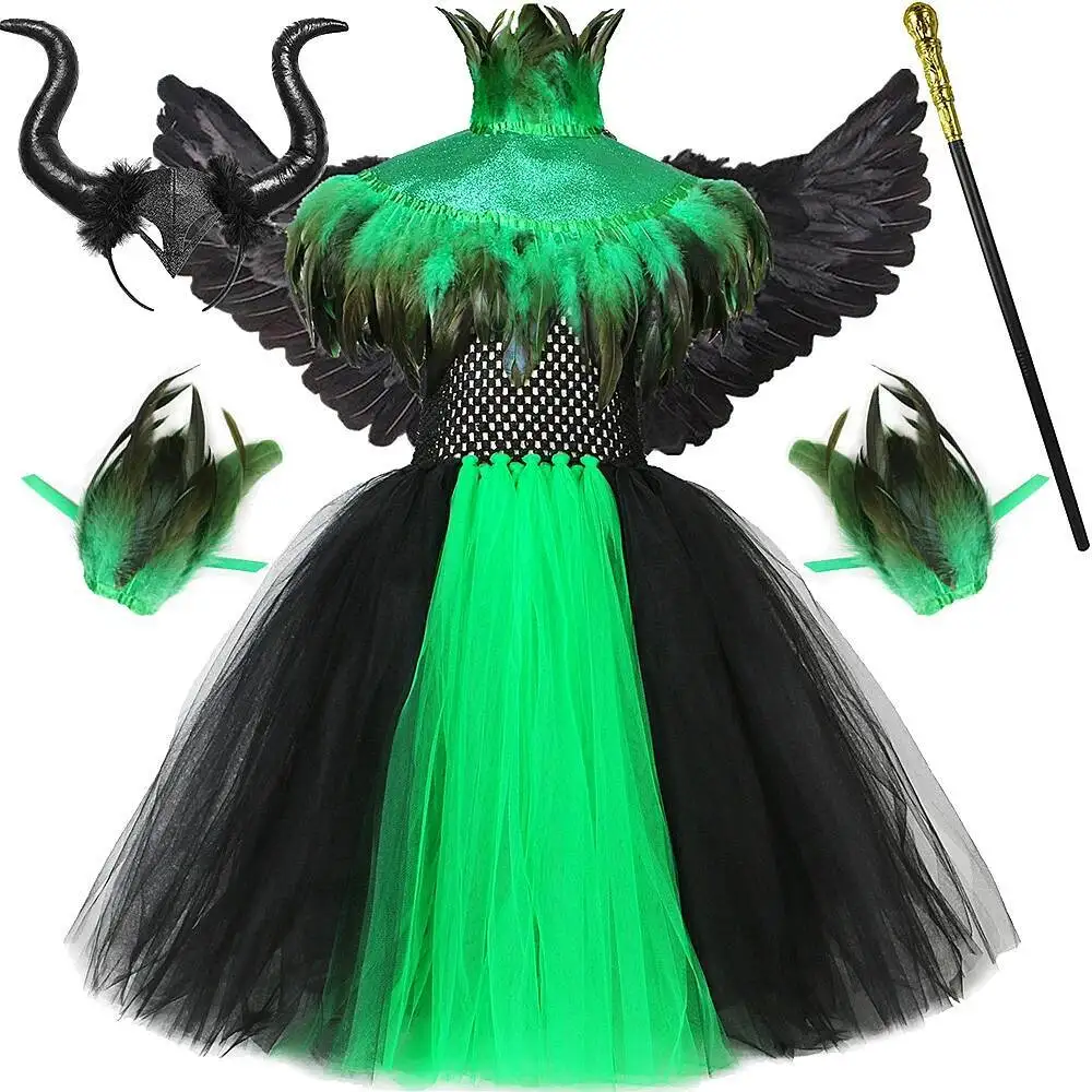 Gothic Feathers Cape Witch Long Dresses for Girls Halloween Devil Angel Full Length Costumes for Kids Carnival Outfit with Wings