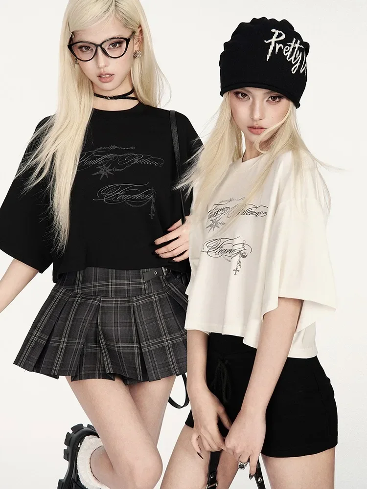 IMU Original Y2k Hot Girls Printing American Streetwear Hip Hop Loose Short Tshirt Women Casual Novelty Tee Tops Summer