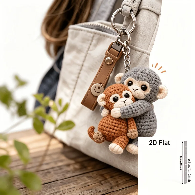 2D Handmade Crochet Hugging Monkey Keychain Soft Cute For Backpack Decor Birthday Gift For Animal Lovers