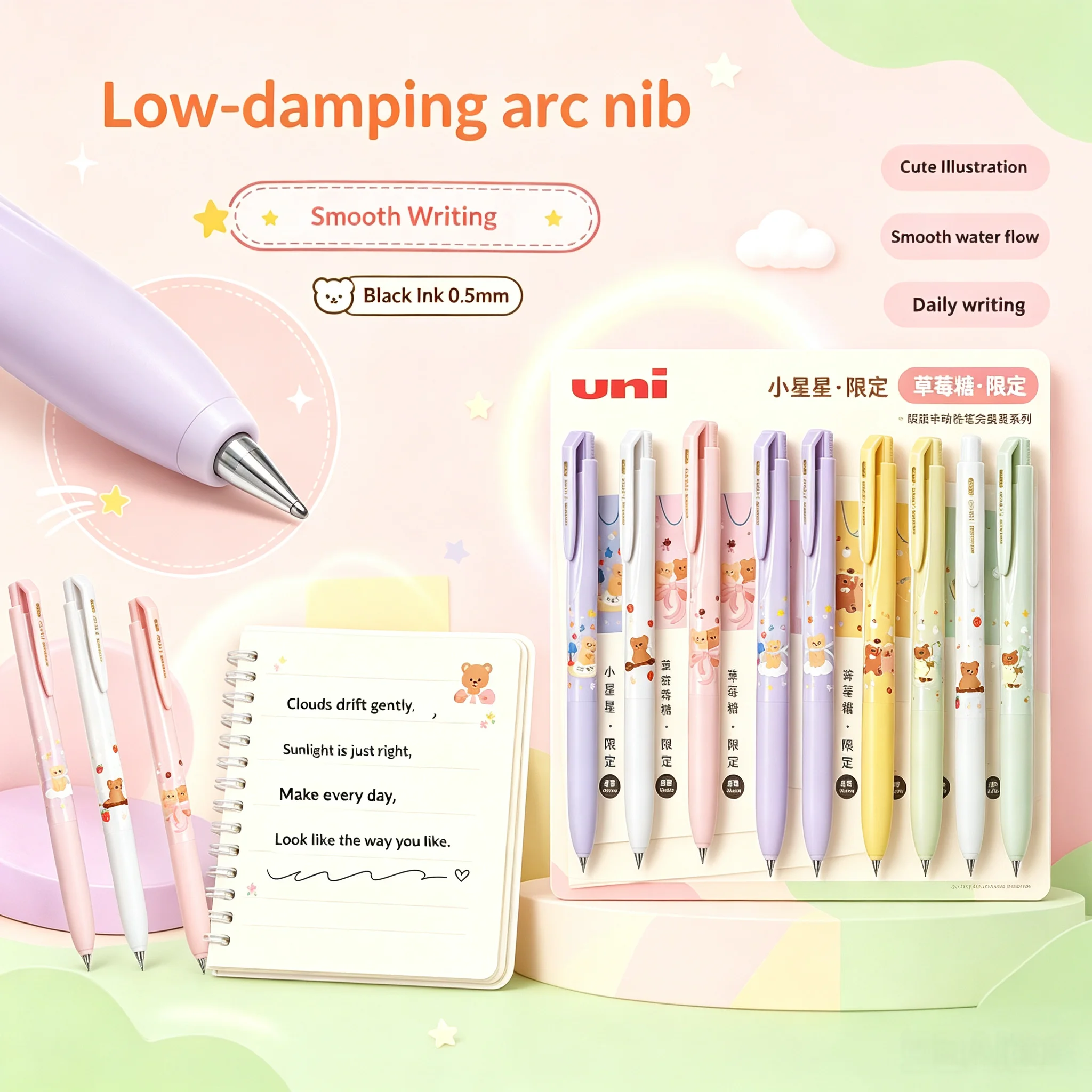 Uni Limited Edition Gel Pen 0.5mm Smooth Writing Click‑type Ballpoint pen Kawaii UMN-155N Cartoon Bear Pattern School Stationery
