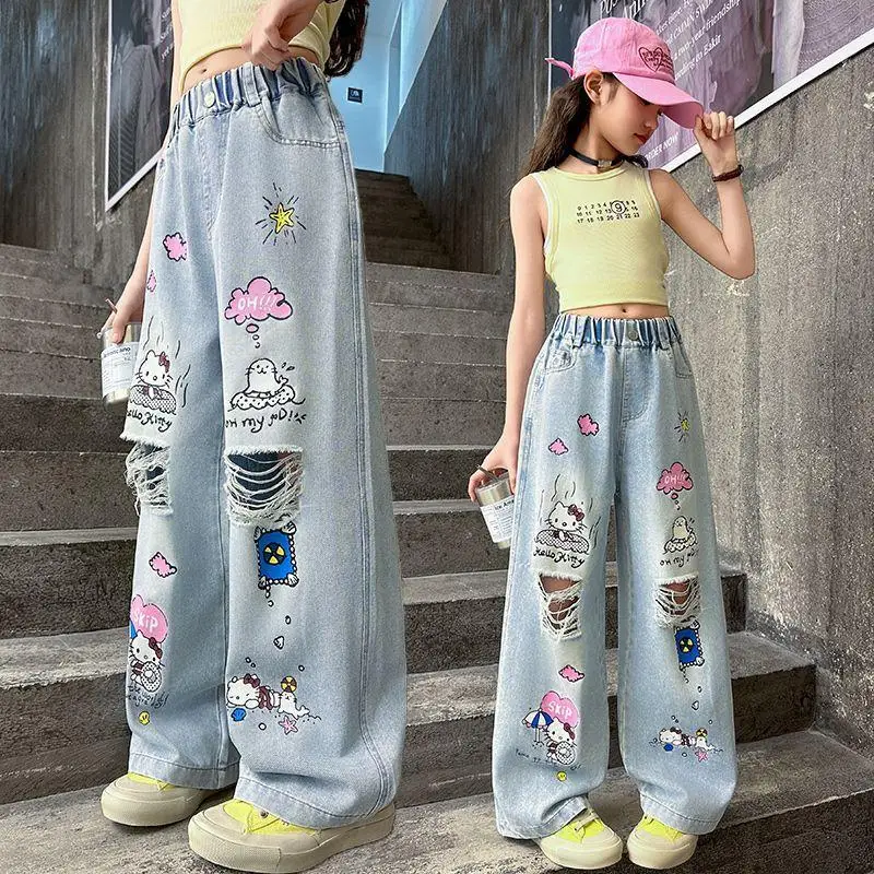 

Sanrio Jeans Hello Kitty Summer Thin Casual New Style Children Cartoon Print Pants Fashionable Baby Hole Washing Wide-Leg Pants