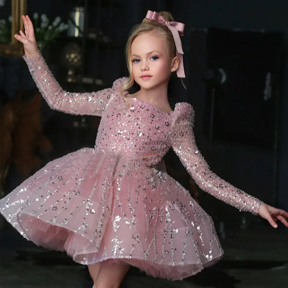 

2025 Pink Flower Girl Dress Fluffy Sequin Eucharistic Birthday Party Vestidos Applique Sparkly WeddingChild's Elegant Flower