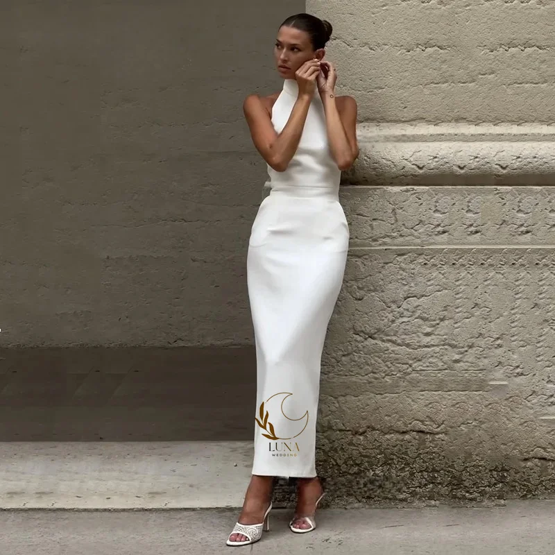 Luna Customized Simple Mermaid Ivory Wedding Dress Elegant High Neck Sleeveless Pleat Ankle-length Gown Dress Satin Backless