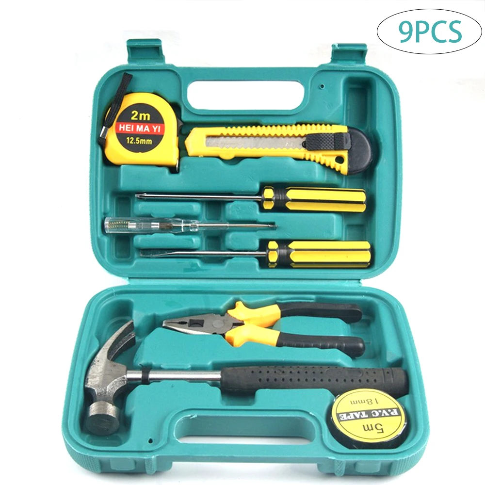 9pcs Hand Tool Kit Box Household Home Hammer Pliers Screwdriver Blade PVC tape for Hand Tools In Homes, Offices, Warehouses, Etc