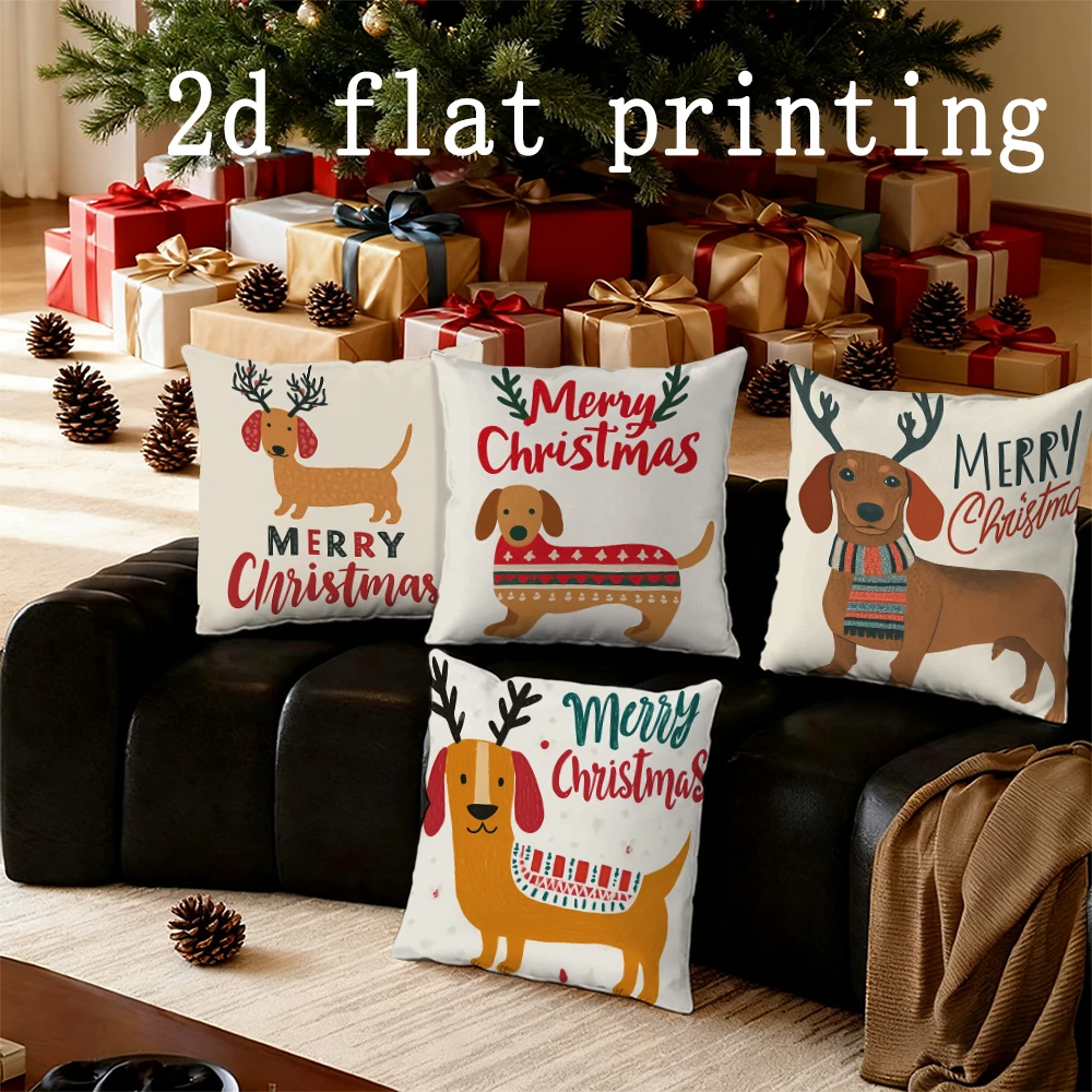 Home Decor Merry Christmas Dachshund Pillow Covers Pattern Cushion Cover Suitable for Sofa Bedroom Car Pillow Cover