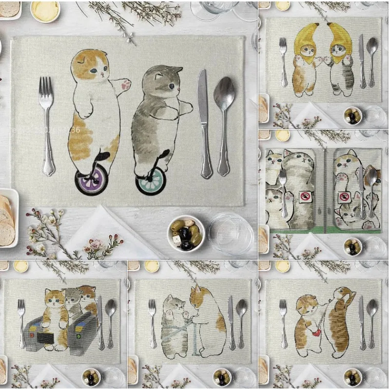 

1 Pcs Dining Table Mats Placemat Cute Funny Cat Pattern Kitchen Drink Coasters Western Pad Cotton Linen Cup Mat Table Dining