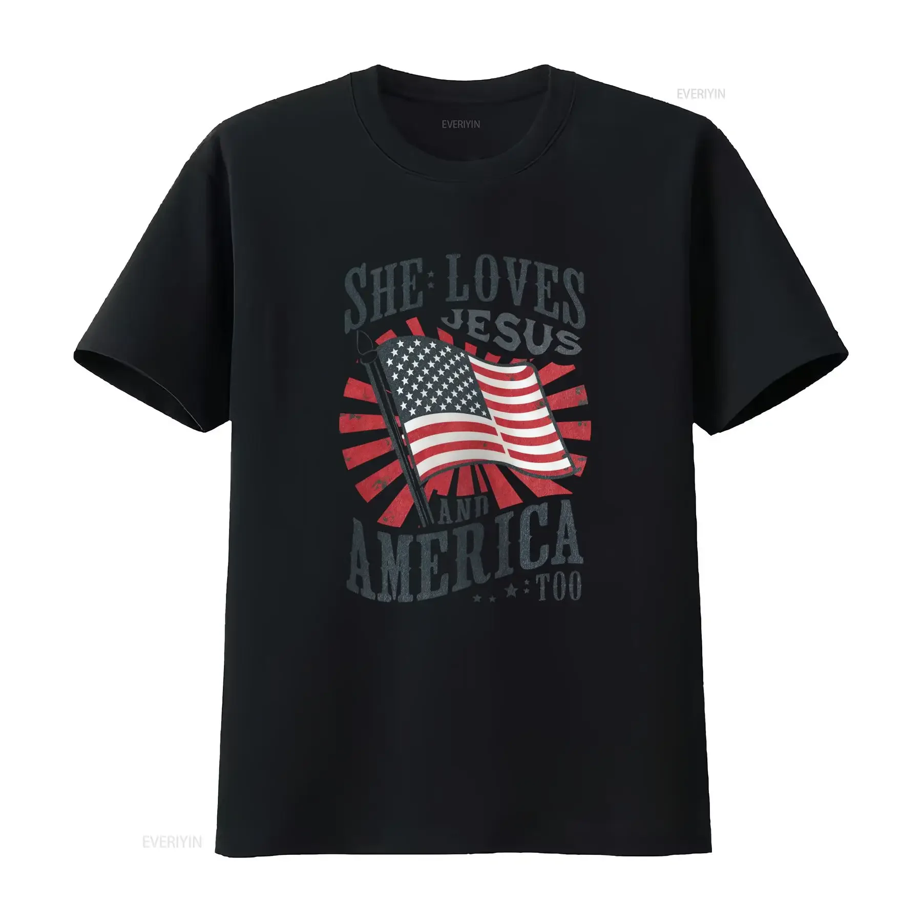 Vintage Patriotic Christian She Loves Jesus And America Too USA Flag Print Casual T Shirt vintage Washed homme Breathable