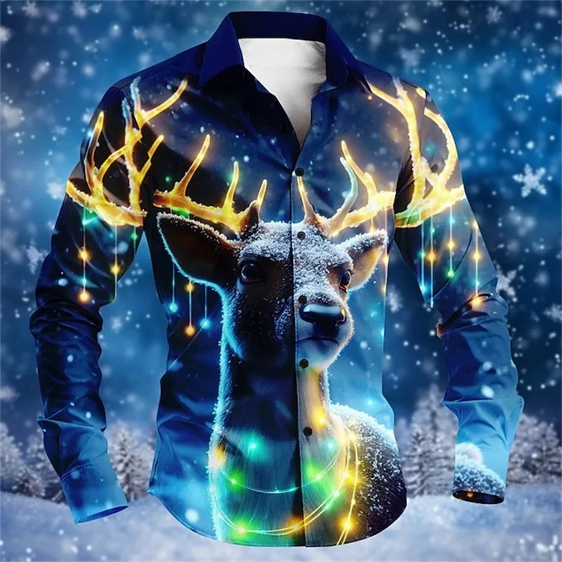 Camisa Masculina de Botão com Flocos de Neve de Natal, Manga Comprida, Confortável, Moda Casual, Top Festa, Papai Noel, Impresso 3D