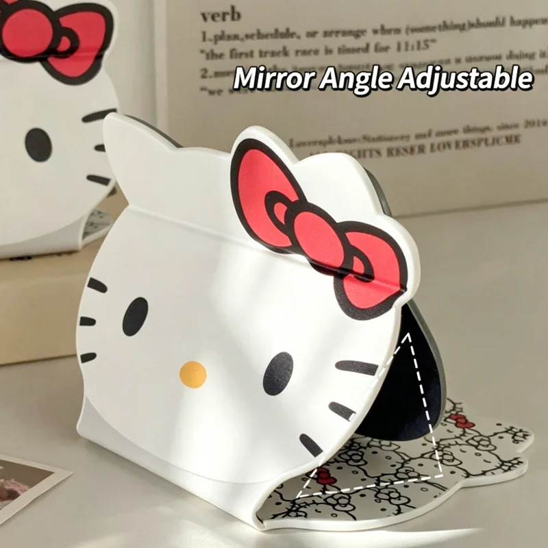 Miroir de maquillage pliable Hello Kitty, angle réglable, housse en PU, miroir cosmétique portable de poche, miroir de voyage, miroir de vanité de bureau, cadeau