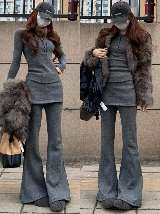 Deep ey High Waist Slimming Flared Pants Women's Early Autumn 2025 New Sle Spor False Two-Piece Casual Trousers