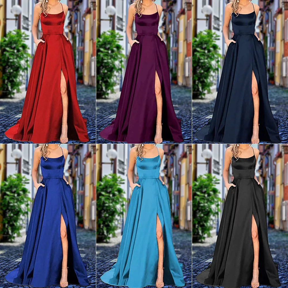 

Long Pure Color Maids Dr Slimming oulder Bared Strap Open Split Evening Gown for Bridesmaid up round Ne Elastic Waist