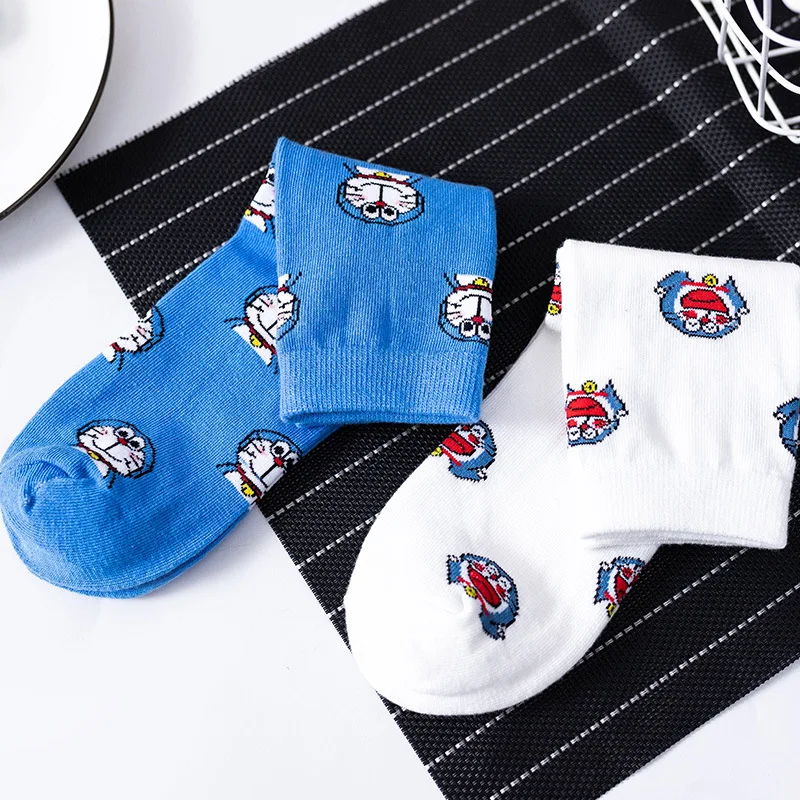 Kawaii Doraemon Pattern Woman Socks Spring Summer Thin Breathable Soft Polyester Cotton Socks Casual Medium To High Length Socks