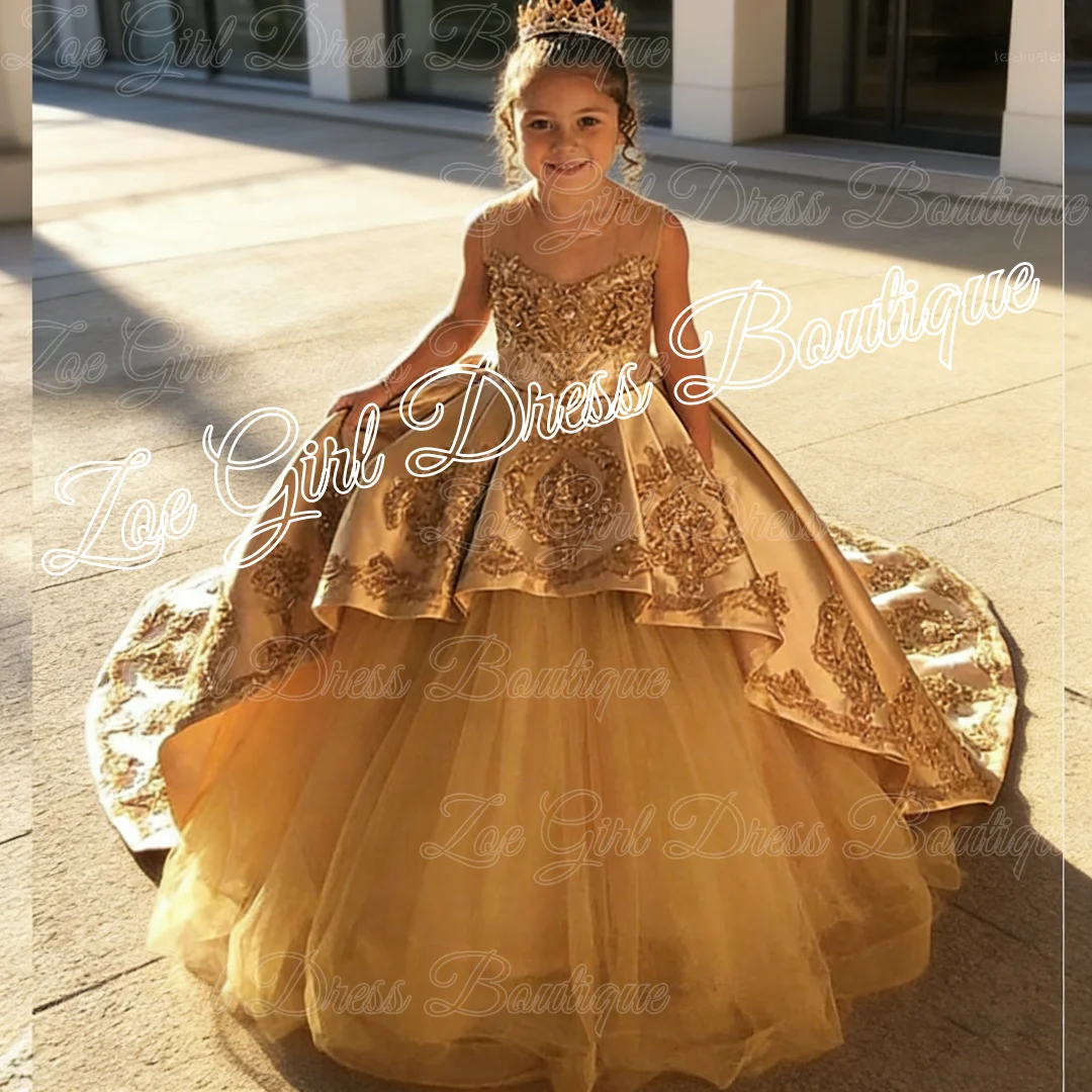 High Quality First Communion Dresses Kids Evening Ball Gown Gold Applique Bow Girls Pageant Dress Satin Tulle Flower Girl Dress
