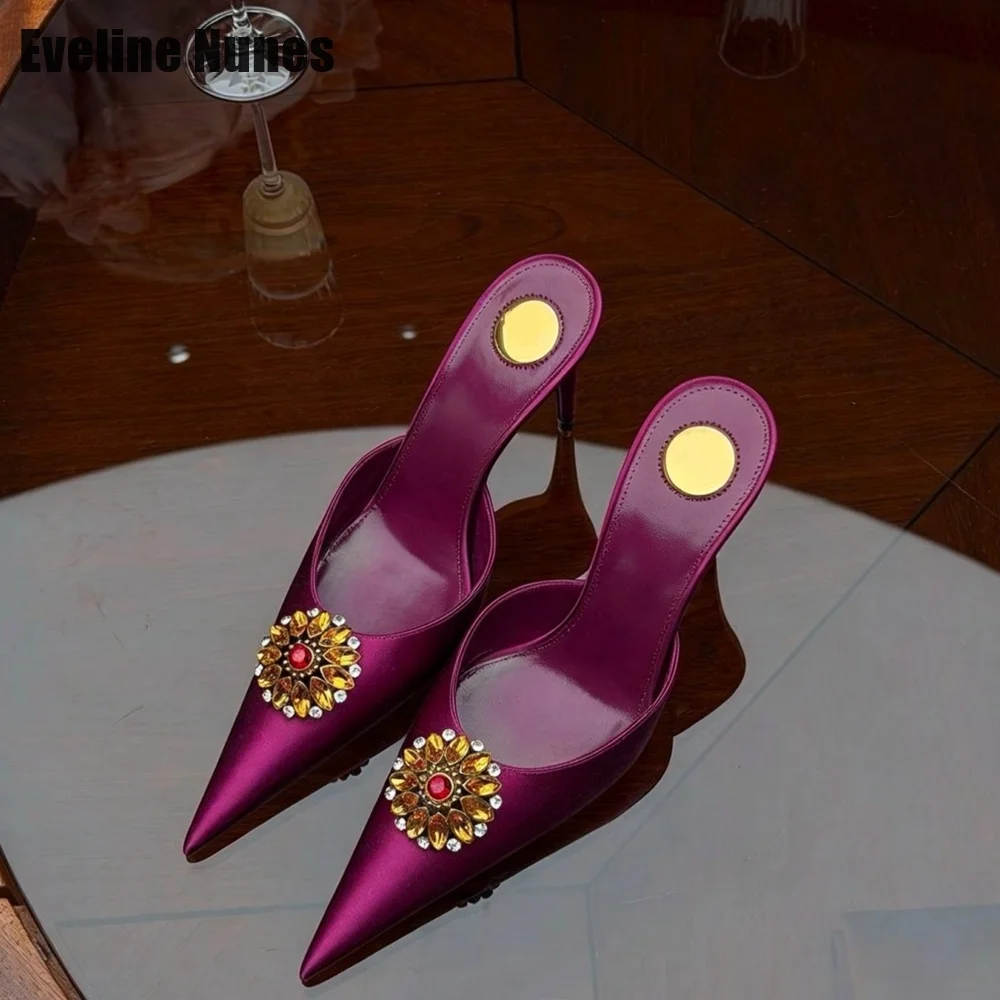 Fuchsia atin Backless Mule High Heels Sun‑Shaped Crystal Rhinestone Decro Pointed Toe Slip‑on Stiletto Mules Luxury Statement