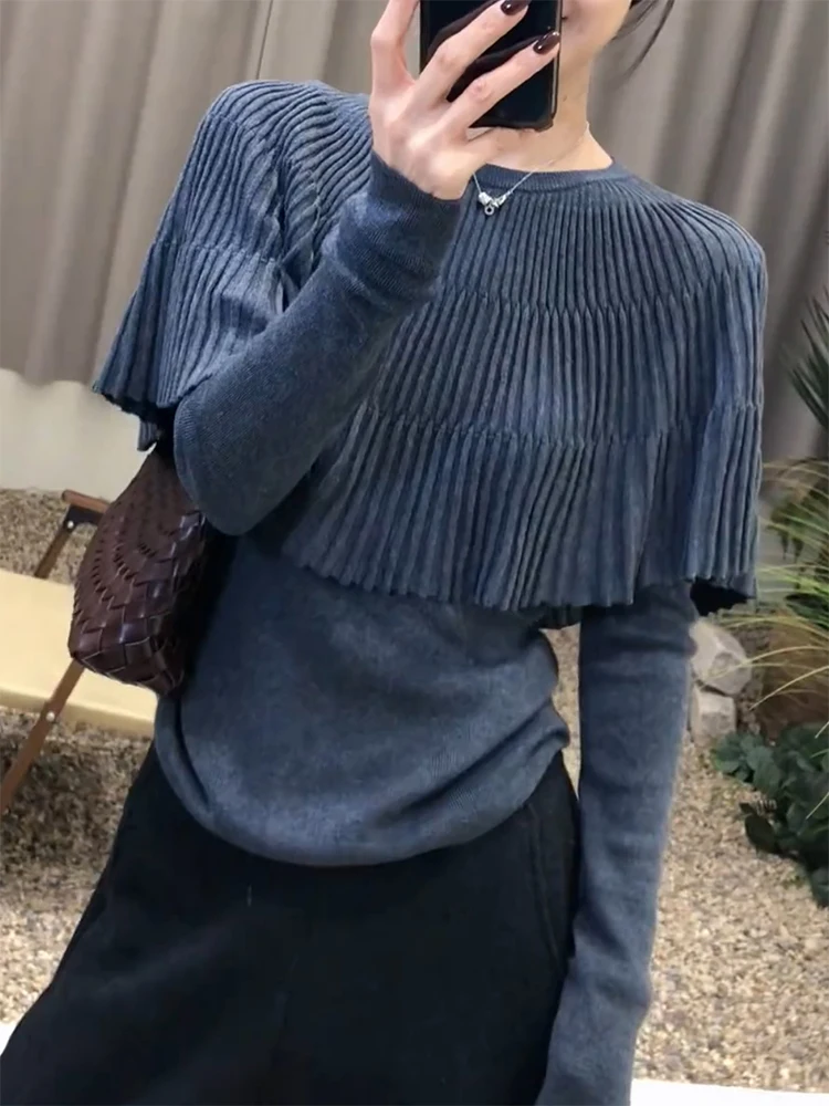 

Дизайнерский плиссированный трикотажный топ с вставками, осенне-зимняя новинка, больших размеров, универсальный, стройнящий, женский, модный